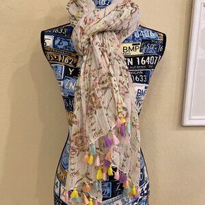 Betsey Johnson Cotton Scarf w/Multicolor Poly Tassels | XOXO | Sz 32" w x 76" L